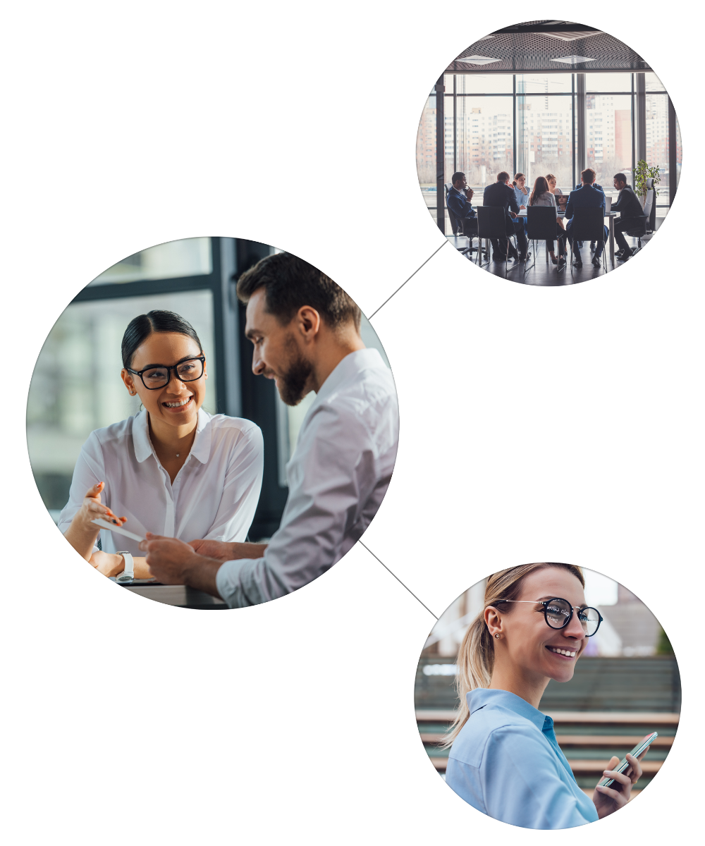 Kolmen kuvan yhdistelmä pienryhmän kokouksesta, kahden henkilön keskustelusta ja naisesta mobiila käyttämässä