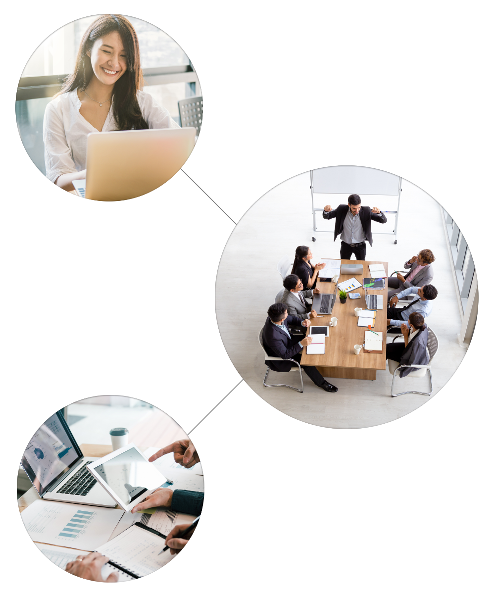 Kolmen kuvan yhdistelmä naisesta kannettavan äärellä, pienryhmän kokouksesta ja tabletin avulla toiselle esittämisestä